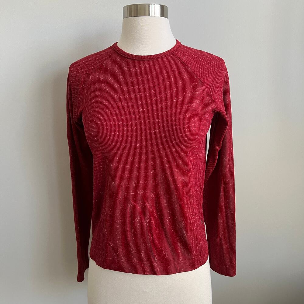 Athleta Girl Workout Active Wear Top Long Sleeve Top Red Metallic Thread XL/14